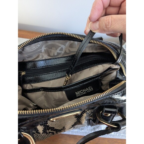 Michael Kors Honey Black Patent Leather Snake Python Embossed Tote Shoulder Bag - Picture 8 of 16